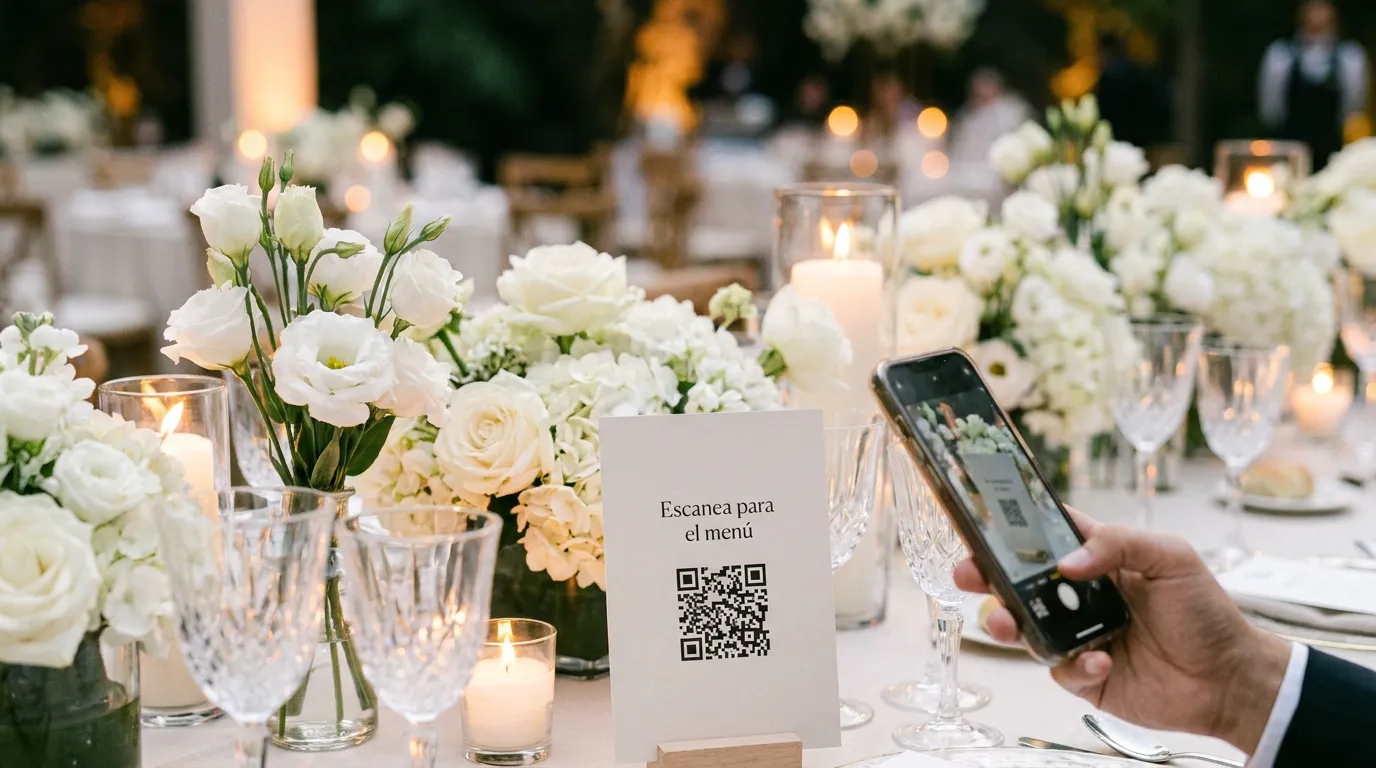 Código QR de Fiestados colocado sobre una mesa decorada en un evento