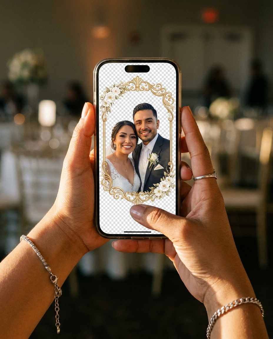Invitado viendo su foto con marco personalizado de boda en el teléfono