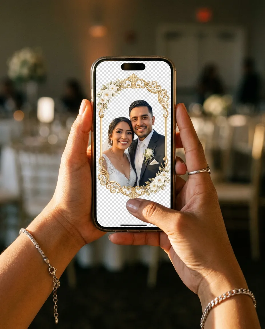 Invitado viendo su foto con marco personalizado de boda en el teléfono