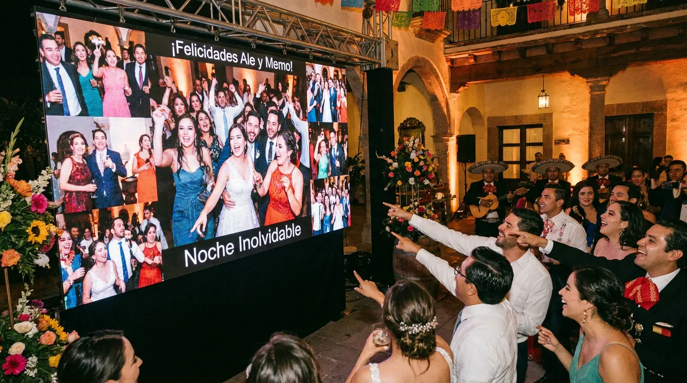 Photo Wall con fotos de invitados proyectadas en tiempo real durante una fiesta