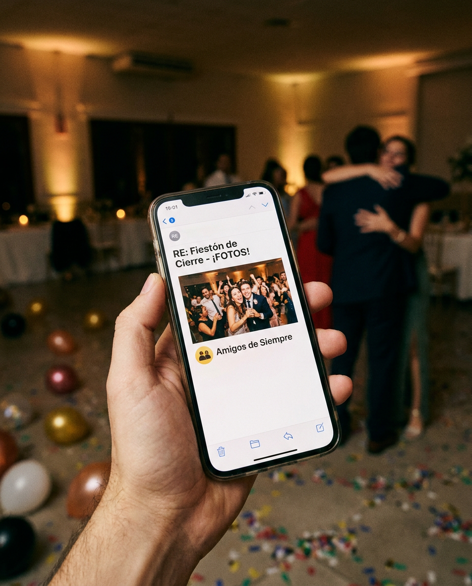 Notificación de correo con foto de evento entregada automáticamente por Fiestados