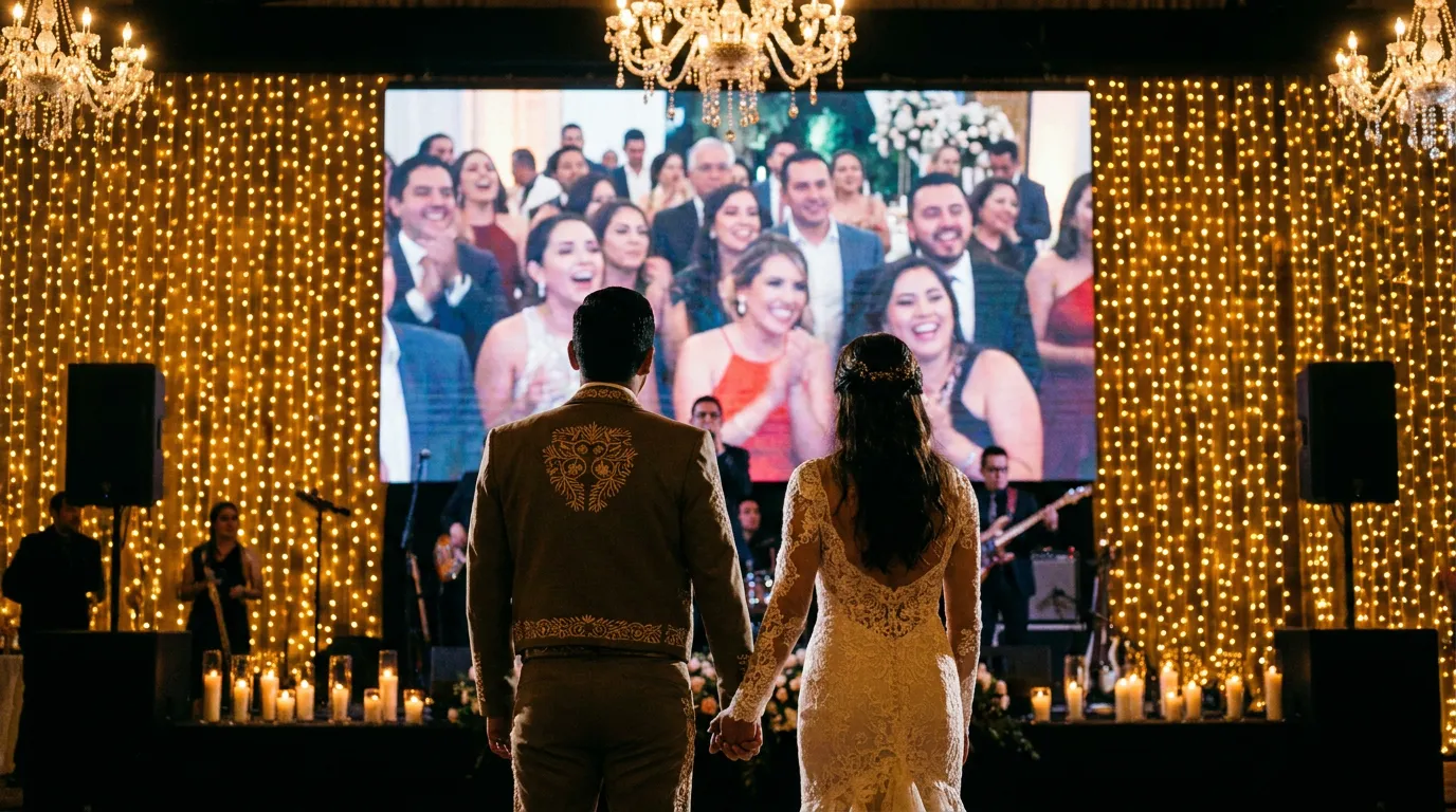 Novios mirando fotos proyectadas en pantalla durante su boda