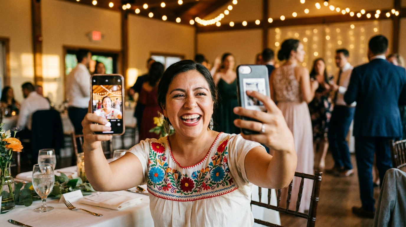 Invitada tomándose una selfie con marco personalizado en una fiesta