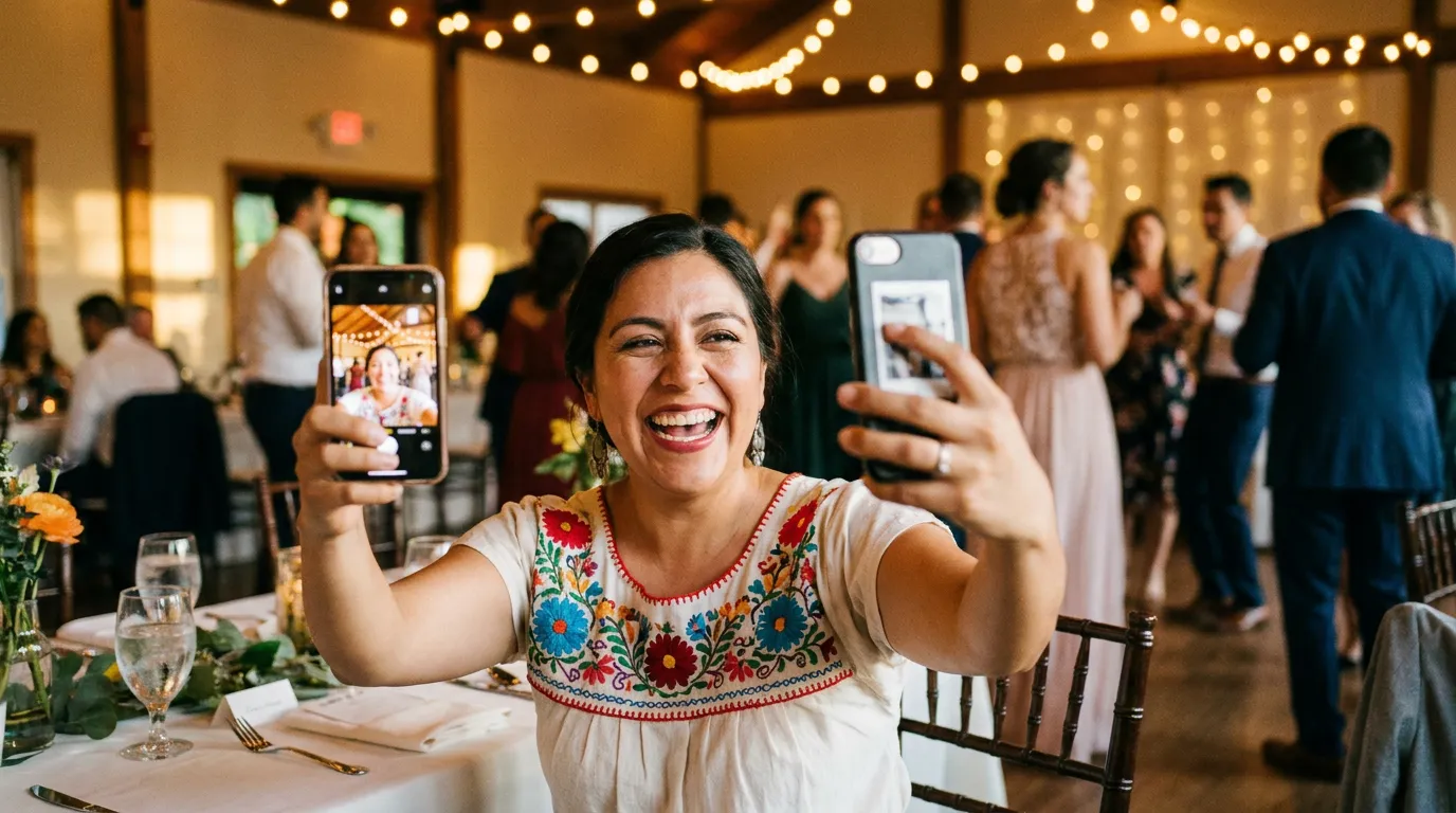 Invitada tomándose una selfie con marco personalizado en una fiesta