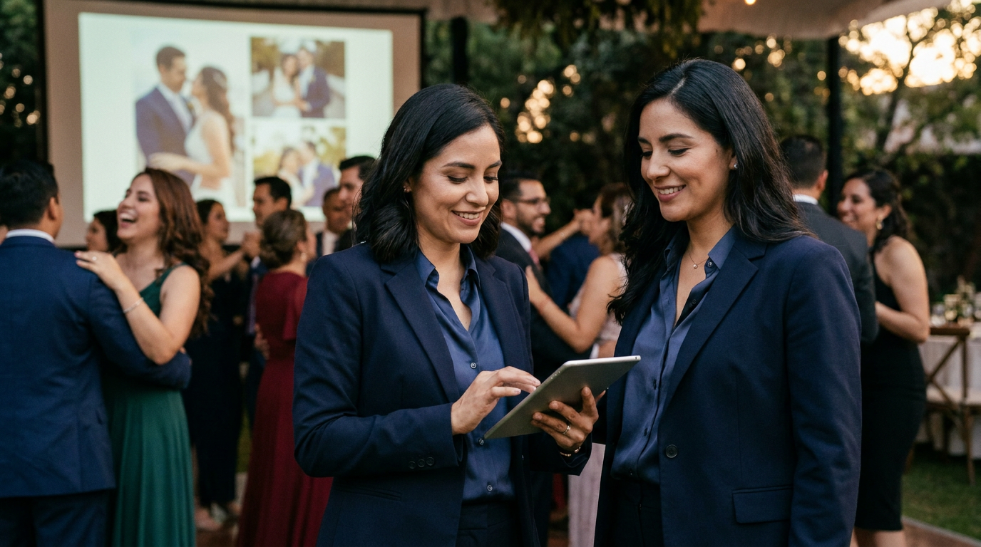 Wedding planner usando tablet para coordinar evento con Fiestados
